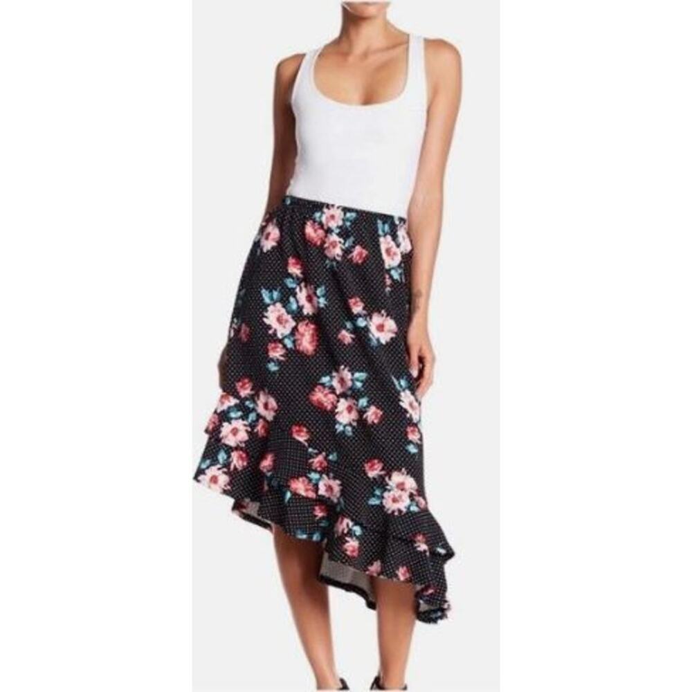 Bobeau Large Asymmetric Ruffled Midi A Line Skirt Black Dot Floral High Waisted